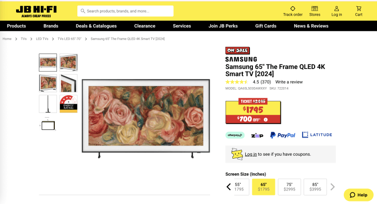 JB Hi-Fi: Samsung 65″ The Frame QLED 4K Smart TV [2024] – was $2495, now $1795